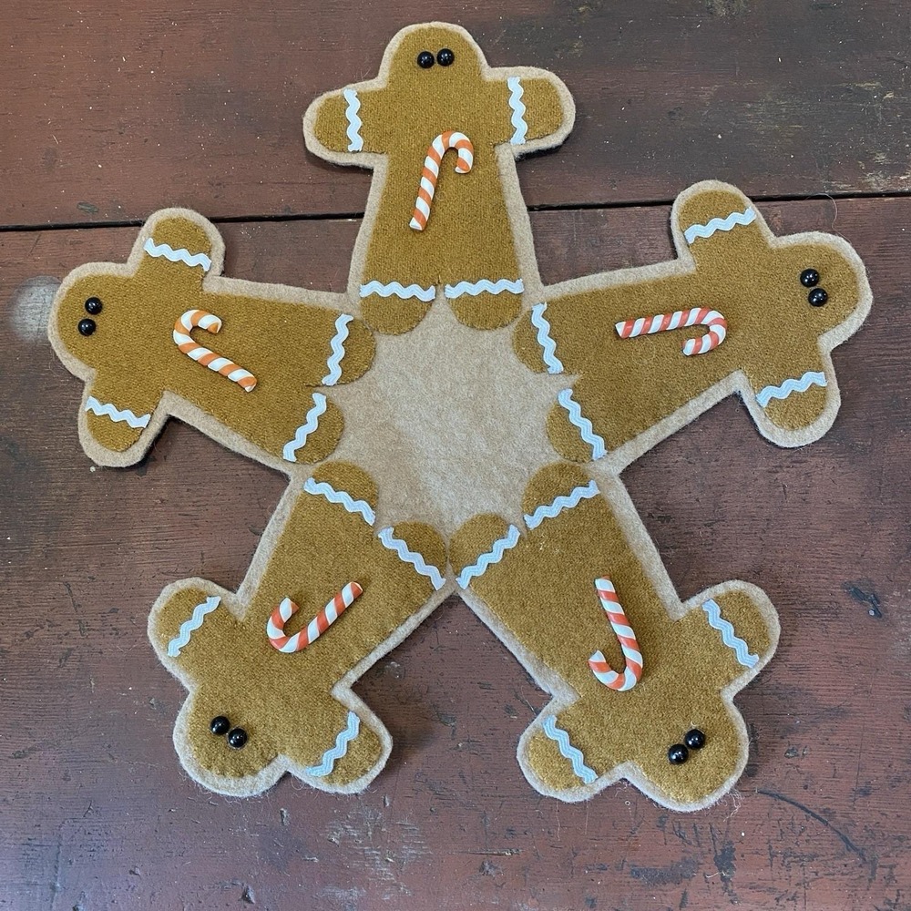 Primitive Christmas GINGERBREAD MAN STAR‎ Table Candle Mat 10.5" Wool Felt